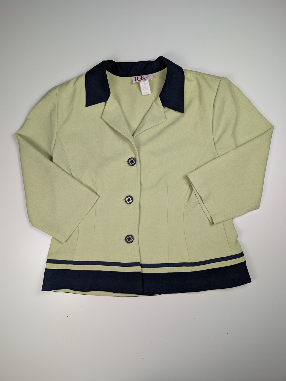 Vintage R&K Originals Blazer Womens 10P Green Navy Colorblock Jacket 3/4 Sleeve